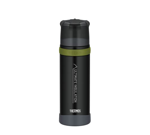THERMOS Edelstahl-Thermosflasche mit Becher 500ml Mountain schwarz, Isolierflasche hält 24 Stunden heiß oder kalt, Trinkflasche absolut dicht, spülmaschinenfest, BPA-Frei, Charcoal Black Mat