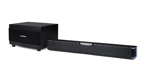 Thomson SB60BTS Soundbar – 120W Gesamt-Musikleistung – Kabelloses Bluetooth 5.0 – Inklusive Subwoofer – Wandmontierbar – Optischer & AUX-Eingang – Fernbedienung – Kompaktes Design