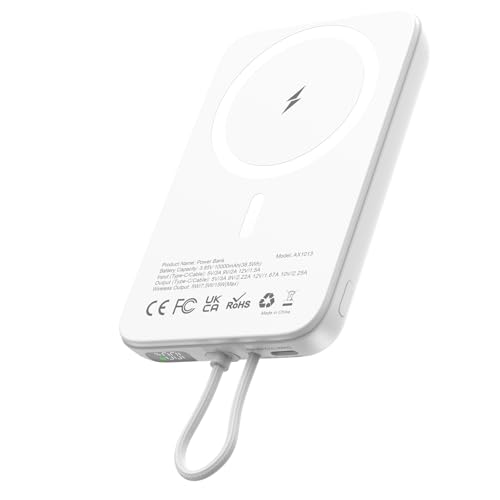 Magnetische Powerbank Klein Wireless 10000mAh: AsperX 22.5W PD Power Bank mit USB-C Kabel Schnellladen-Induktives Externe Handyakkus für iPhone 16 15 14 13 12 Max/Pro/Plus-Portable,LED-Display, Weiß