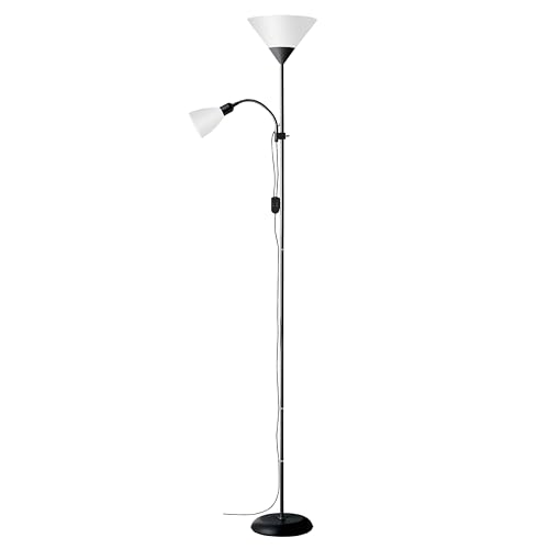 Brilliant Spari Deckenfluter mit Leselampe schwarz, weiß – LED Stehlampe – 1,8 m Standleuchte – für LED-Leuchtmittel geeignet (E27 & E14 Fassung) – mit verstellbarem Lesearm