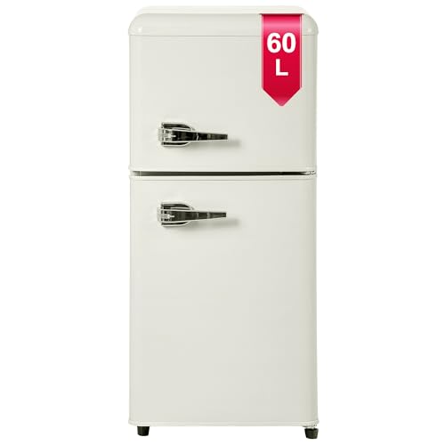 DRIXNO Retro-Kühlschrank, kühlschrank klein mit gefrierfach, Mini Kühlschrank Weiß, 60 Liter Gesamtvolumen, mit 22 Liter Gefriervolumen, 163 kWh/Jahr, LED-Licht.