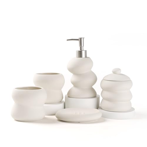 Umlaca Badezimmer Set Keramik – 5 Teile, Badezimmer Organizer mit Seifenspender, Seifenschale, Zahnbürstenhalter, Wattestäbchen Kanister, Hochwertiges Badezimmer Deko Set (Beige)