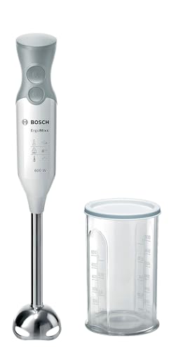 Bosch Stabmixer ErgoMixx MSM66110, Edelstahl-Mixfuß, Mix- und Messbecher, 2 Geschwindigkeitsstufen, leichtes Gehäuse, 4-Klingen-Messer, einfache Reinigung, 600 W, weiß/grau