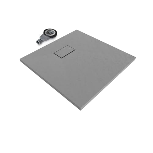 SMC BOREAL Duschwanne 90x90 cm, extra flache und robuste Duschtasse 26MM aus langlebigem SMC mit ANTI-Rutsch-Oberfläche In Schieferoptik/Steinoptik inkl. Ablaufgarnitur mit SMC Deckel - Grau