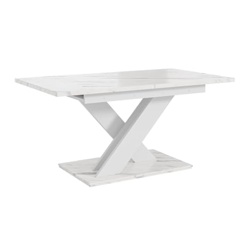 PROROOM FURNITURE - Onyx Table - Esstisch - Rechteckig - 140x80x75 cm - Ausziehbar auf 180 cm - Säulentisch - mit X-Gestell - Modern - für Esszimmer, Küche, Wohnzimmer, Salon (Weiß Marmoroptik)