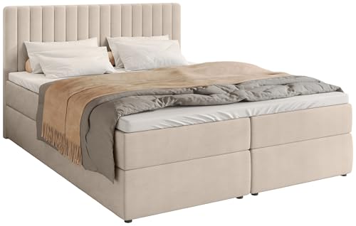 BROMARKT Boxspringbett mit Bettkasten Polsterbett mit Bonell-Matratze und Topper Doppelbett mit Stauraum Bett für Schlafzimmer gepolstertes Kopfteil Dream 180x200 Härtegrad H3 Samtstoff Beige