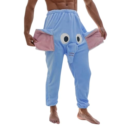 Pyjama Hose für Herren, Elefanten Hose mit Rüssel Männer Lustig Locker Pyjamahose Elefantenrüssel Pyjama Lang Elefanten Hose Flanellhose Elefantenhosen Schlafanzughose (a-Blue, M)