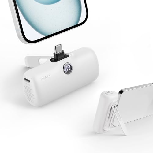 iWALK Powerbank USB-C 5000mAh, 20W Schnellladung Tragbares Power Bank mit Ständer, Klein Externer Akku，LCD Display，Kompatibel mit iPhone 15 Plus/15 Pro/15 Pro Max, Samsung,Weiß