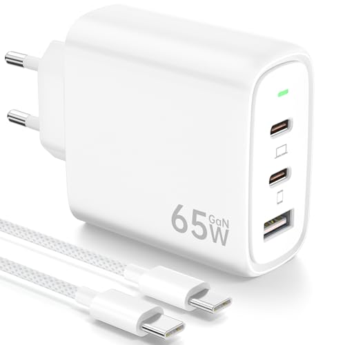 65W Ladegerät USB C Netzteil PPS Schnellladegerät 3-Port GaN PD Ladegerät, USB A und USB C Charger mit 2M USB C Kabel für iPhone 16/15, für Galaxy S24/23/S22, für MacBook Pro/Air, etc