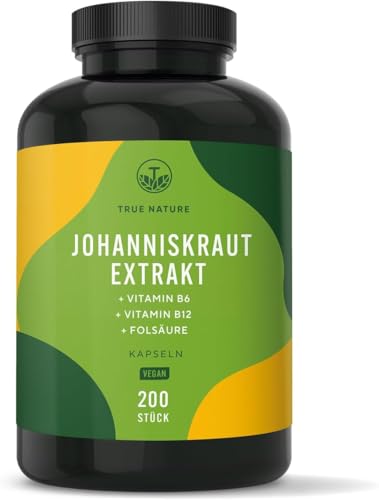 Johanniskraut Kapseln hochdosiert - 200 Kapseln mit Vit. B6 (trägt zu einer normalen psychischen Funktion bei) sowie Folsäure & B12 - natürliches Hypericin & Hyperforin - Made in Germany - TRUE NATURE
