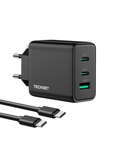 65W USB C GaN Ladegerät,TECKNET 3-Port mit Ladekabel Schnellladegerät PD3.0/QC4.0 mehrfach Netzteil ladestation ladegeraet Power Charger Adapter mit iPhone,ipad,MacBook,Samsung