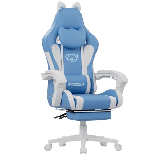bigzzia Gaming Stuhl, Ergonomischer Gaming Stuhl mit Katzenohren für Mädchen Erwachsene,Höhenverstellbarer Rückenlehne Gaming Chair Komfortable Kopfstütze und Massage Lendenwirbelstütze (Weiß-Blau)