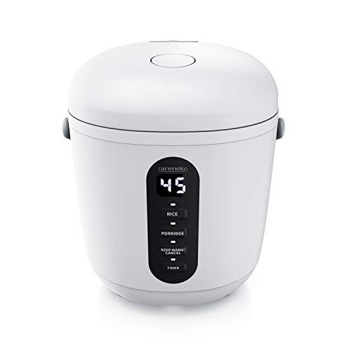 Arendo - Reiskocher - 300 Watt - mit Messbecher und Reislöffel – 2 Kochprogramme – Timer – Warmhaltefunktion – LED-Anzeige – beidseitig beschichtet - spülmaschinen geeignet – mini klein 0,8L - weiß