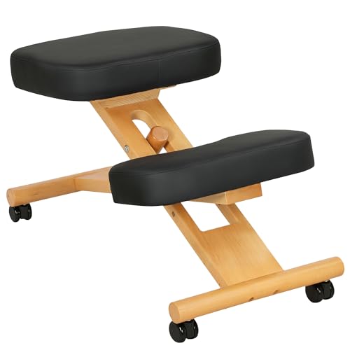 HOMCOM Ergonomischer Kniestuhl mit einstellbarer Höhe, Ergonomischer Haltungsstuhl für Büro und Zuhause, Ergonomischer Kniestuhl aus Holz mit Rollen, Schwarz