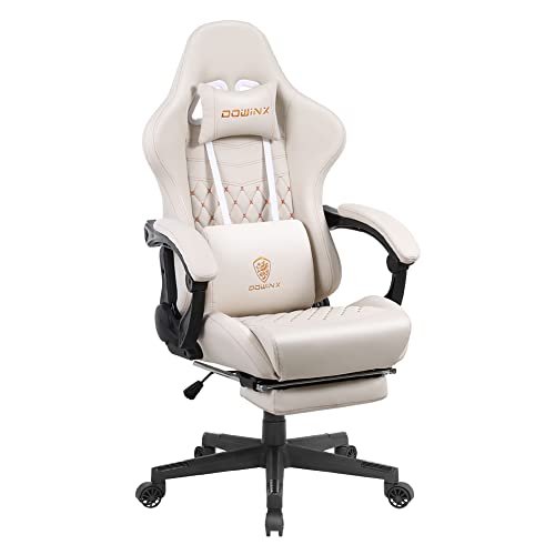 Dowinx Gaming Stuhl Bürostuhl Ergonomischer PC-Stuhl mit Massage Lendenwirbelstütze, Racing Stil PU Leder Hohe Rückenlehne Verstellbarer Drehsessel mit Fußstütze (Elfenbein weiß)