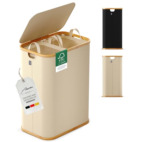 Amara Home & Living - 155 L Wäschekorb mit Deckel - Extra stabiler Wäschekorb-Wäschesammler-Aufbewahrungskorb-Wäschekorb 2 Fächer-Faltbarer Wäschekorb (beige)