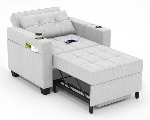 DURASPACE 99cm Schlaferstuhl, 3-in-1 umwandelbarer Stuhl Bett, ausziehbarer Schlafsessel, Schlafsofa mit USB-Anschlüssen, Seitentasche, Getränkehalter für kleinen Raum, Hellgrau