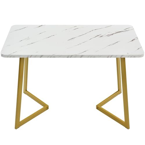 Merax Modern Esstisch Rechteckiger Tisch 117x68cm,Esstisch aus Moderner Marmor-Finish Küchentisch mit Metallbeinen für Esszimmer Wohnzimmer,Golden/Weiß