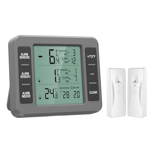 ORIA Kühlschrank Thermometer, Gefrierschrank Thermometer, Innen Außen Thermometer mit 2 Sensoren, Temperatur Alarm Funktion, MIN/MAX, Temperaturtrend - Grau