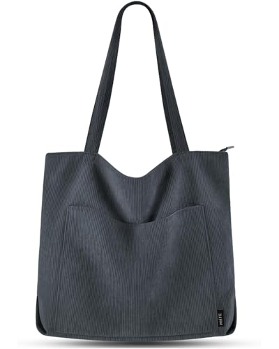 Prite Handtasche Damen Tote Bag Shopper Groß Umhängetasche Cord Beuteltasche Stofftasche für College Schule Arbeit Reisen Einkaufen (Grau)