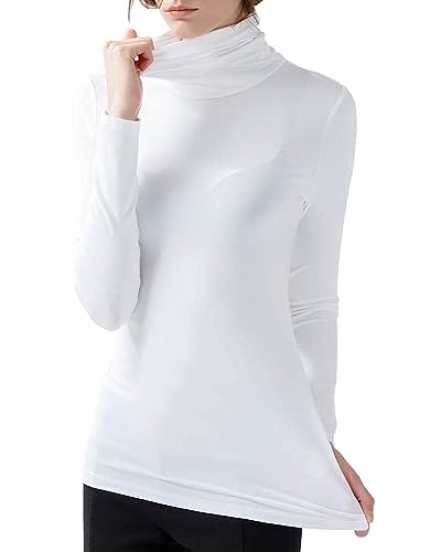 Zueauns Damen Langarmshirts Hoher Kragen Langarm-T-Shirt Rollkragen Thermooberteile Großformat Top Unterwäsche Sweatshirts(Weiß,3XL)