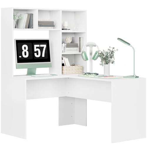 FirFurd Eckschreibtisch Weiß Schreibtisch L Form Computertisch mit Bücherregal PC Laptop Tisch Tisch für Büro Arbeitszimmer Wohnzimmer Homeoffice 152,5 x 124,7 x 107,8 cm