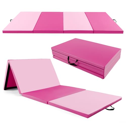 COSTWAY 300 x 117 x 5 cm Weichbodenmatte, Gymnastikmatte klappbar, Turnmatte aus PU mit Kletterverschluss & Tragegriffen, Fitnessmatte Yogamatte Zuhause für Gymnastik, Yoga (Rosa)