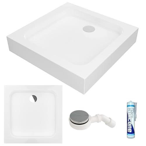 ECOLAM Duschwanne Duschtasse TIM 90x90 x 15 cm Tiefe 5 cm Viereck Quadrat Brausewanne + Siphon + Silikon weiß Acryl Schürze an 4 Seiten