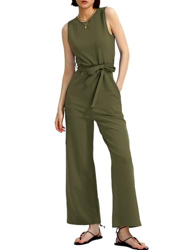 CHERFLY Jumpsuit Damen Elegant Sommer Overall Damen Festlich Hochzeit Hosenanzug Ärmellos Rundhals Weites Bein Hose mit Verstellbarem Taillengürtel Reißverschluss Hinten & Taschen(Armeegrün,2XL)