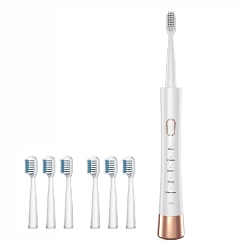 Elektrische Ultraschall Zahnbürste mit 6 Bürstenköpfen, 5 Modi, wiederaufladbarer Akku, hält 60 Tage bei voller Aufladung, 31.000 Vibrationen pro Minute, IPX7 wasserdicht (weiß, adult)