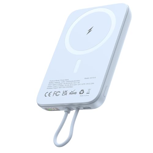 Magnetische Powerbank Klein Wireless 10000mAh: AsperX 22.5W PD Power Bank mit USB-C Kabel Schnellladen-Induktives Externe Handyakkus für iPhone 16 15 14 13 12 Max/Pro/Plus-Portable,LED-Display (Blau)