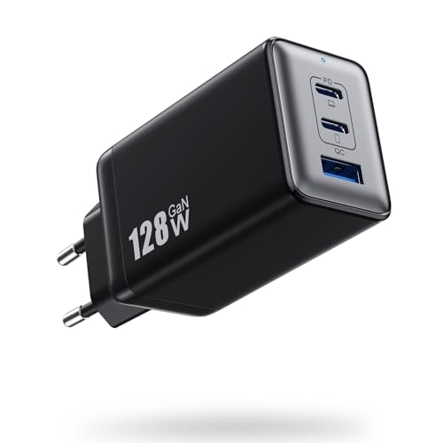128W USB C Ladegerät, GaN IV 3-Port USB Netzteil, 65W Schnellladegerät Mehrfach PD QC PPS Ladestecker Type C Adapter für MacBook Pro, iPhone 16/15/14, iPad Pro, SteamDeck, Galaxy S23, Dell-Schwarz