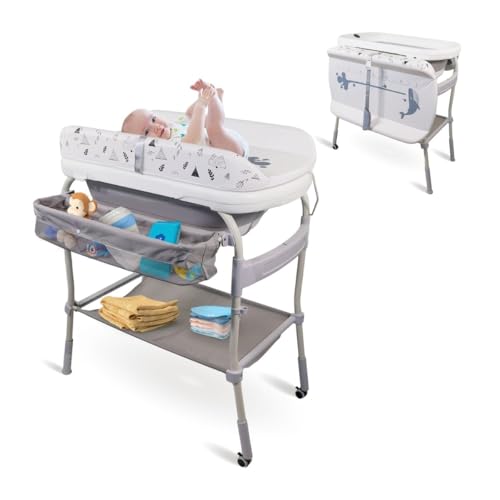 Mobiclinic® kids, 2 in 1 wickeltisch mit badewanne, Trendy, 4-fach höhenverstellbar, Thermometer, Räder bremse, Ablagekorb, Bis 50 kg, Drainageschlauch, 0-36 monate