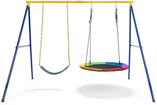 FANTASK Doppelschaukel mit Gestell bis 300 kg belastbar, Outdoor Schaukel mit Kinderschaukel und Nestschaukel, Schaukelgestell für Kinder, Blau