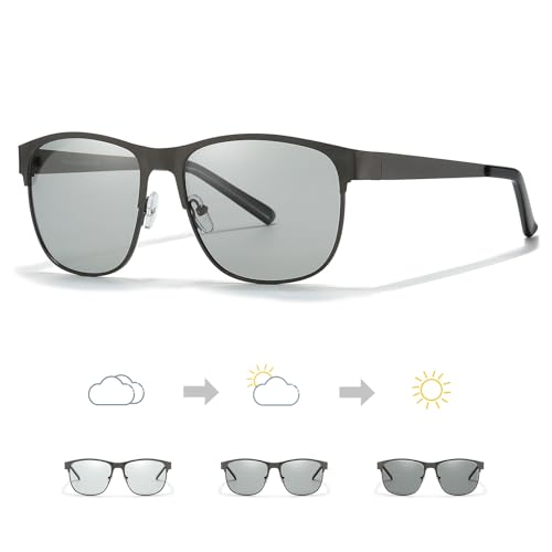 TJUTR Photochromatische Sonnenbrillen für Herren Polarisiert, Metallrahmen, Quadratische Linsenform mit UV400 Schutz, ideal für Aktive Outdoors und Freizeitaktivitäten
