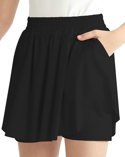Hovershoes Flowy Shorts für Mädchen, 2-in-1, Sport-Shorts, Sport-Shorts, Sport-Shorts, Teenager, Mädchen, Sommer, kurz, hohe Taille, lässige Strandhose mit Taschen, Schwarz , 13 Jahre