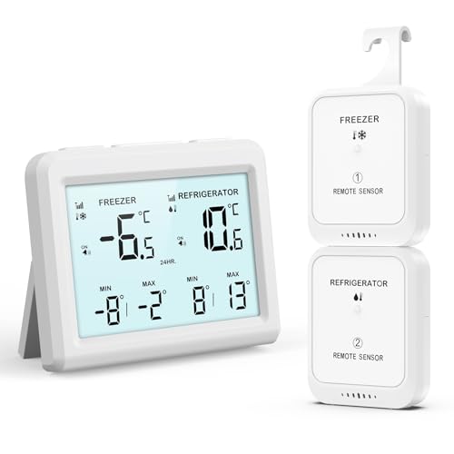 ORIA Digitales Kühlschrankthermometer, Gefrierschrank Refrigerator Thermometer mit 2 kabellosen Sensoren, 3,7' Bildschirm, 2 Alarmmodi (Symbol/Klang), ℃/℉, Min/Max-Wert, für Zuhause, Restaurants