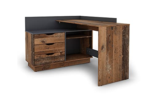 byLIVING Winkelschreibtisch Belfast/Rechts oder Links montierbar / 3 Schubkästen/Old Wood-Optik - anthrazit/Bürotisch/Eckschreibtisch/Schreibtisch/B 129, H 83,5, T 105 cm