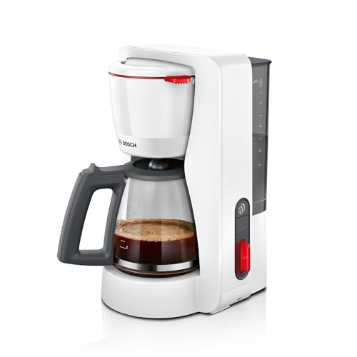 Bosch Filterkaffeemaschine MyMoment TKA3M131, Glaskanne 1,25 L, für 10-15 Tassen, 60min Warmhaltefunktion, Tropfstopp, schwenkbarer Filterträger, Entkalkungsprogramm, 1200 Watt, Weiß matt