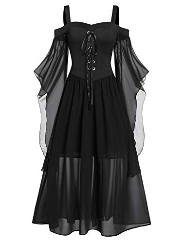 CHARMMA Gothic Halloween Kleid Kostüm Damen,Übergröße A-Linie Schnüren Maxi Kleider mit Schmetterlingsärmeln für Frauen,Festliches Vintage Schwarz Hexenkleid Cosplay Club Party Dress (Schwarz, XL)