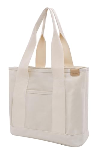 Damen Mittelgroß Handtasche Canvas Satchel Tote Bag Schultertasche Shopper für Bücher Alltag Arbeit beige