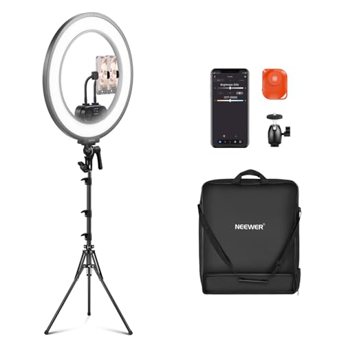 NEEWER 18' Ringlicht Set mit Randbeleuchtung, 45W 3300Lux 2900K-7000K 12 Szenen Ringleuchte mit APP 2,4G PC Mac Steuerung, Fernbedienung, Stativtasche für Make up, TikTok, Ins, Live Stream, RL45B