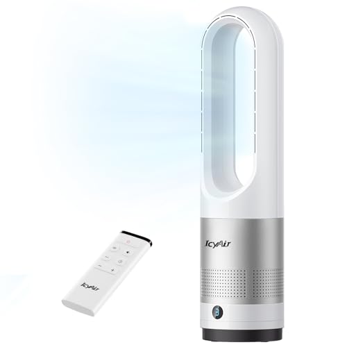 IcyAir Rotorloser Ventilator, Turmventilator sehr Leise, 35 dB, 90° Oszillation, 8 Geschwindigkeiten, 9h Timer, Kindersicher, LED-Anzeige, Ventilator Schlafzimmer Leise mit Fernbedienung