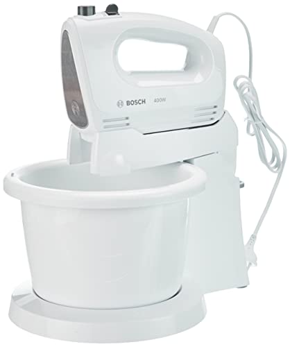 Bosch CleverMixx Elektrischer Mixer mit Schüssel, 3 l, selbstdrehend, 400 W, 4 Geschwindigkeiten und Turbo, Schneebesen und Haken aus Edelstahl für weiche und harte Teig