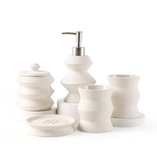 Umlaca Badezimmer Set Keramik – 5 Teile, Badezimmer Organizer mit Seifenspender, Seifenschale, Zahnbürstenhalter, Wattestäbchen Kanister, Hochwertiges Badezimmer Deko Set (Beige)