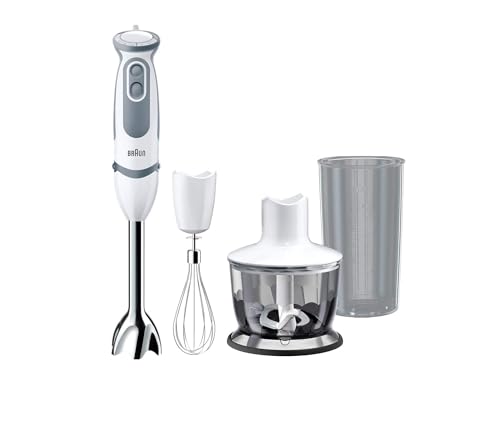 Braun Stabmixer MQ 5235WH Stabmixer – MultiQuick 5 Vario Pürierstab mit Edelstahl Mixfuß, 1000 Watt, inkl. 3-teiligem Zubehör-Set, weiß/grau [Energieklasse A]