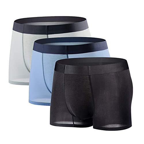 YUSHOW Unterhosen Männer 3er Pack Eisseide Unterwäsche Herren Sexy Weiche und Bequeme Boxershorts Nahtlos Atmungsaktiv, Schwarz+blau+hellgrau Größe L