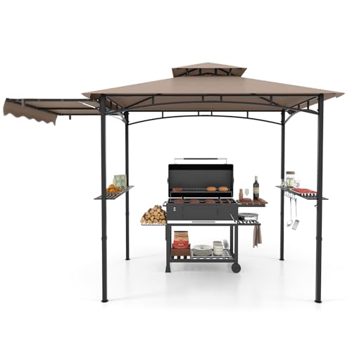 COSTWAY Grillpavillon mit Seitenmarkise, Doppeldach, 2 Seitenregalen & Haken, Gartenpavillon BBQ Pavillon, Grillüberdachungen wetterfest, Grillunterstand Garten Partys, 318x153x250 cm (Braun)