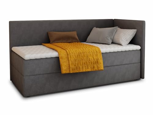 Boxspringbett Flame mit Bettkasten - Einzelbett mit Bonell-Matratze und Topper, Polsterbett, Universelle Bettseite, Bett, Schlafzimmer, Kinderzimmer (Graphit (Kronos 22), 90 x 200 cm)