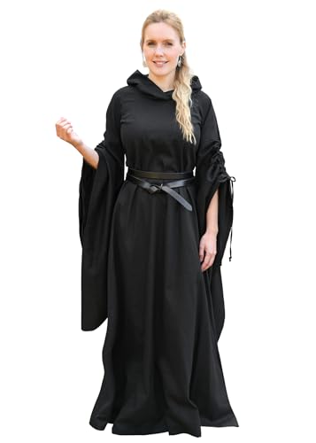 Battle-Merchant - langes Mittelalterkleid ISRA mit Trompetenärmeln und großzügiger Kapuze für Damen - für Karneval, Halloween, LARP (XXL, Schwarz)